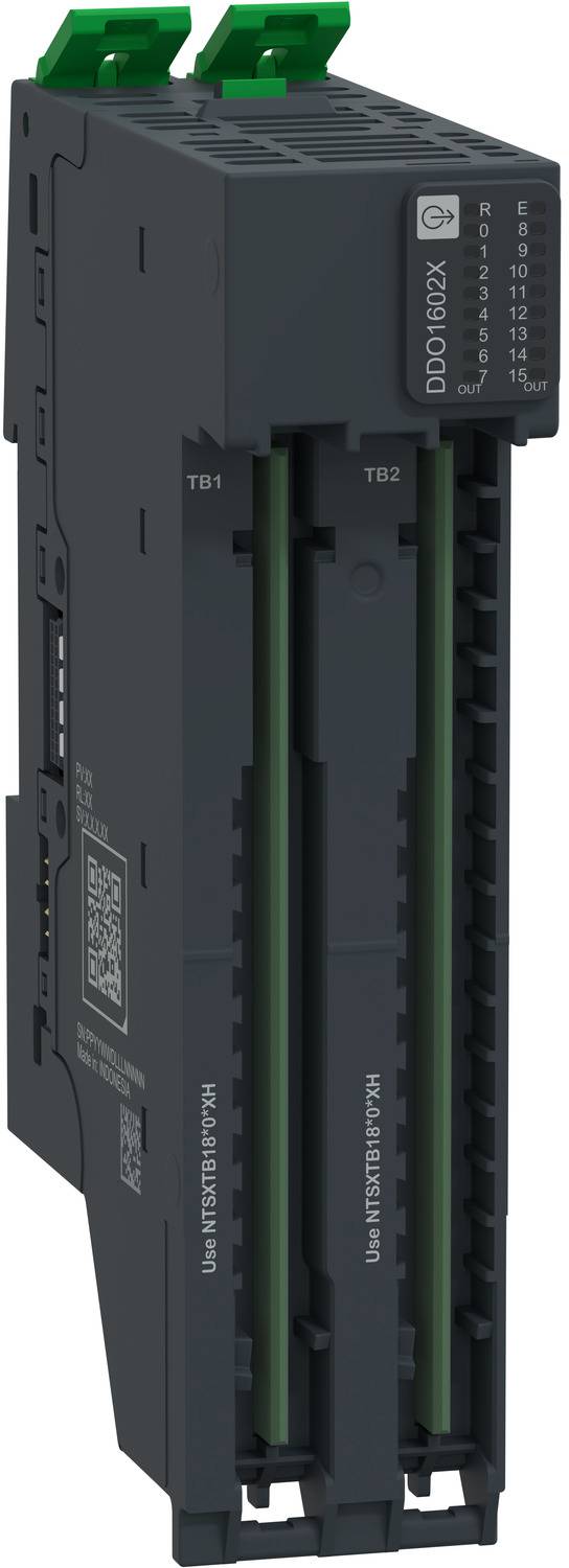 Schwarzes industrielles elektronisches Modul mit zwei grünen Anschlussplätzen und beschrifteten LED-/Statusanzeigen an der Seite.