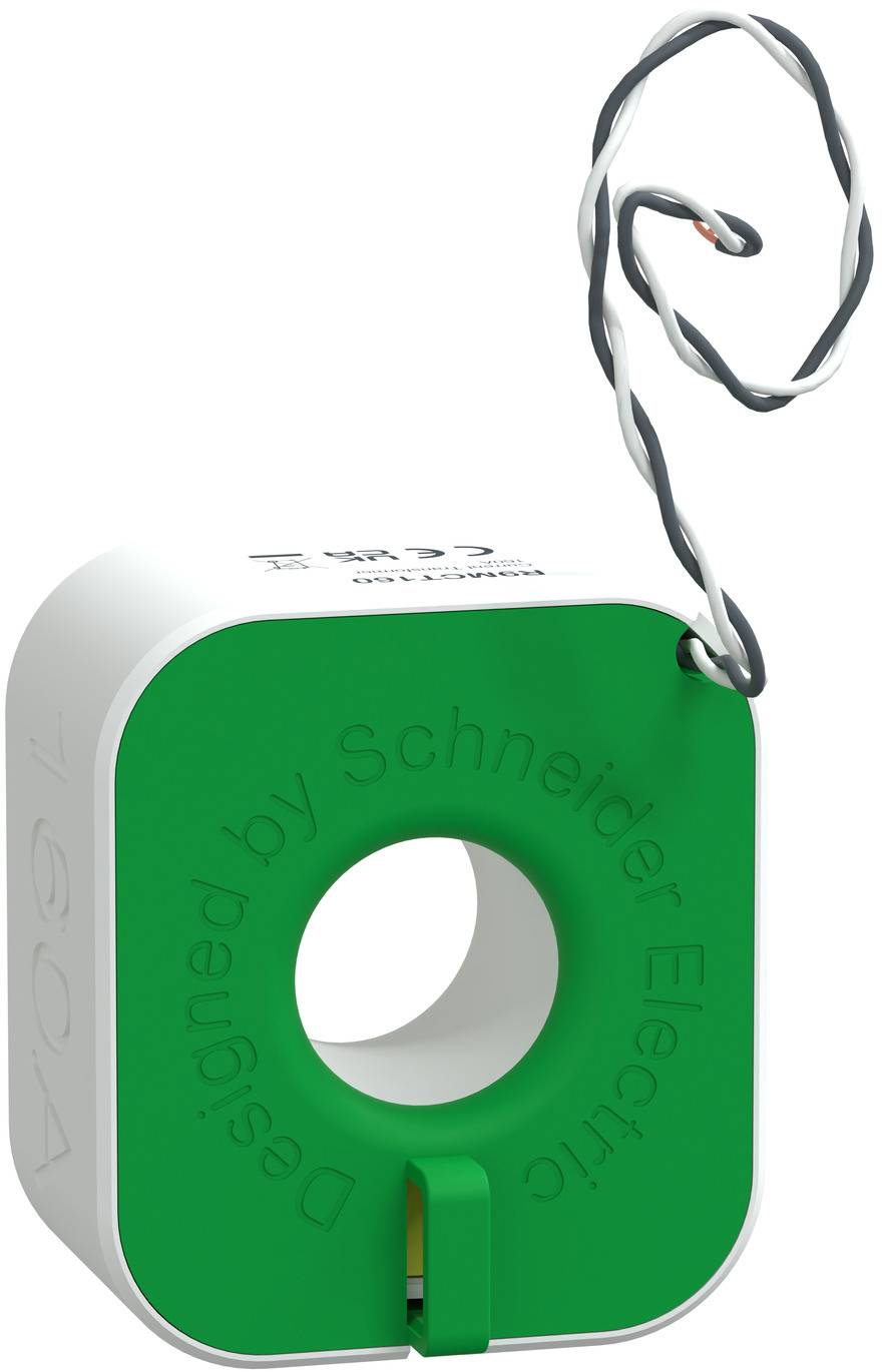 Grüner Schneider Electric Stromwandler mit zentraler kreisförmiger Öffnung und angebrachter verdrehter grauer Drahtleitung