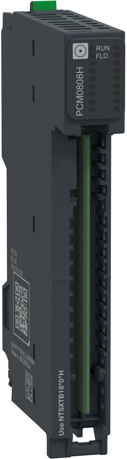 Industrielles PLC-E/A-Modul mit grünem Stecker und Statusanzeigelichtern, gekennzeichnet mit PCM0080H und RUN/FLD, in einer Seitenansicht dargestellt.