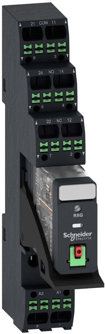 Schneider Electric RXG Relaismodul mit drei gestapelten Relaissteckfassungen und grünen Anschllussklemmen.