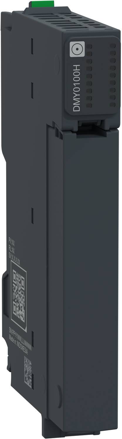 Dunkelgraues industrielles elektronisches Modul mit beschriftetem oberen Anschluss, in Seitenansicht auf weißem Hintergrund dargestellt.