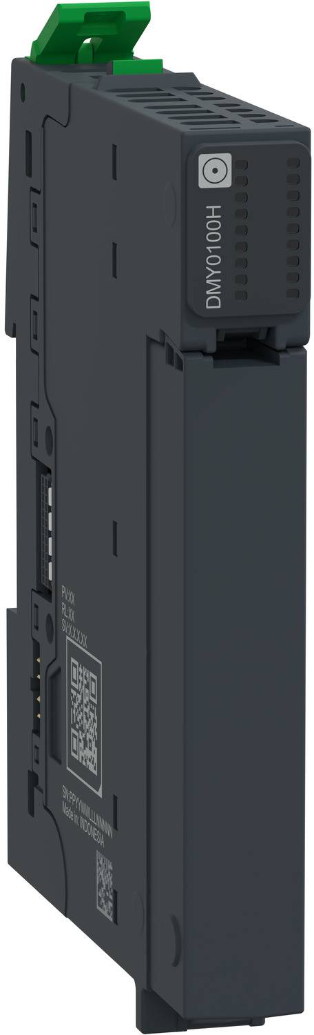 Schwarzes Industriesteuermodul mit grünem oberen Verschluss und Frontschild mit der Bezeichnung DMY00100H, in Profilansicht auf weißem Hintergrund dargestellt.