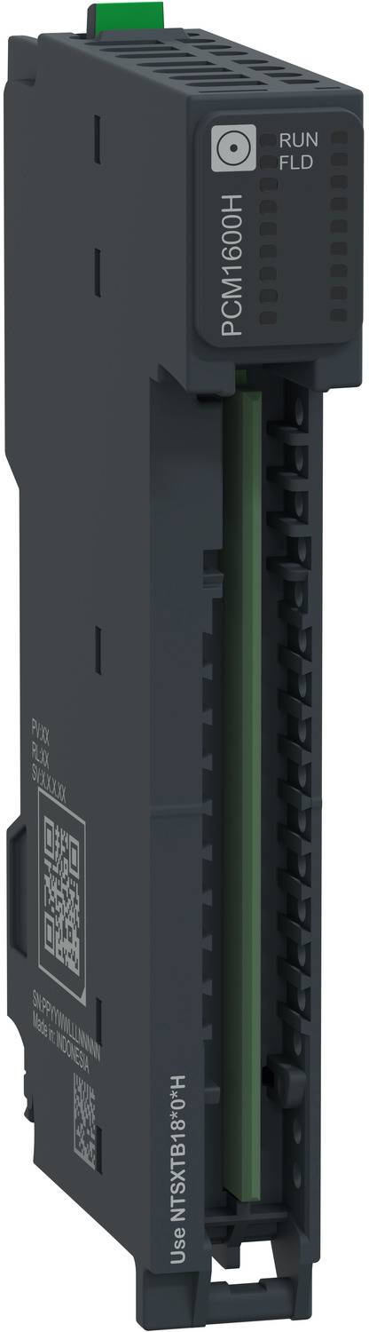Schwarzes PLC-Modul mit der Bezeichnung 'PCM1600H' mit RUN- und FLD-Indikatoren, in Seitenansicht vor weißem Hintergrund dargestellt.