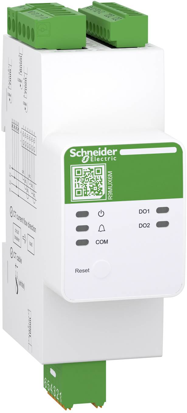 Schneider Electric DIN-Schienen-Modul mit grünen Anschlussblöcken und Frontplatte mit Beschriftung „Modbus LAN