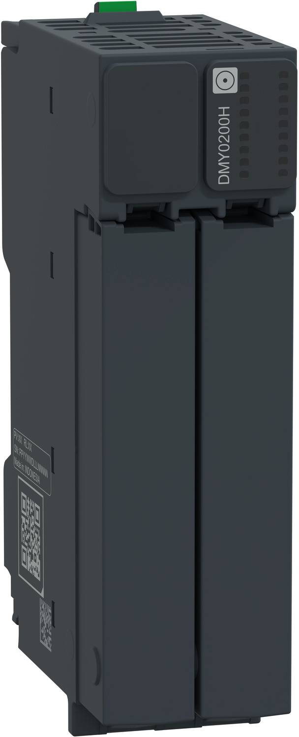 Schwarzes industrielles elektronisches Modul mit vertikaler Frontabdeckung, mit der Aufschrift „DMV2000H