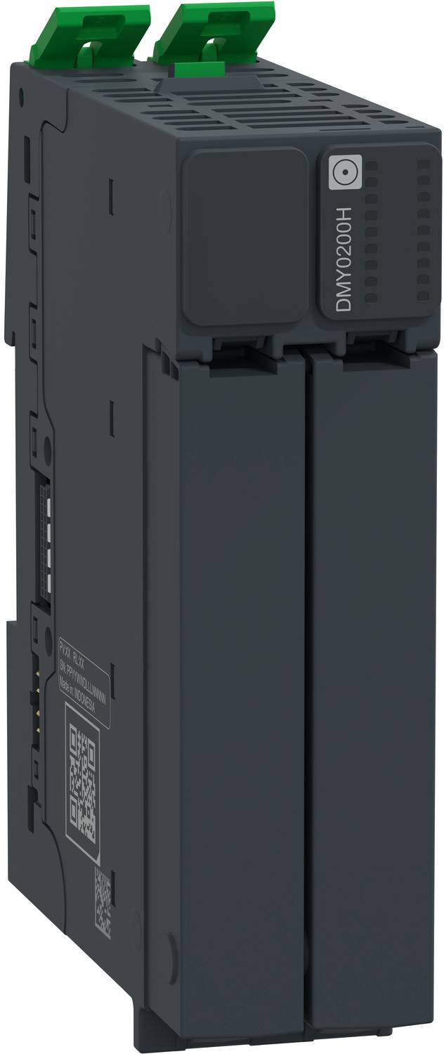 Schwarzes Industrieelektronikmodul mit grünen Anschlussklemmen, gekennzeichnet mit „DMY200H