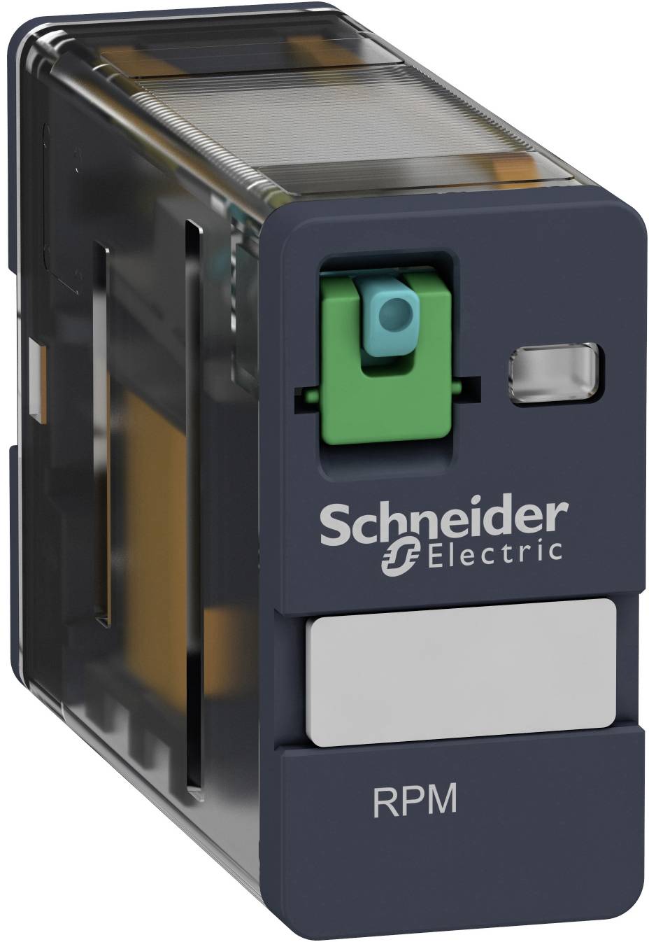 Schneider Electric RPM Relaismodul mit grüner Verriegelung und beschrifteter Frontplatte.