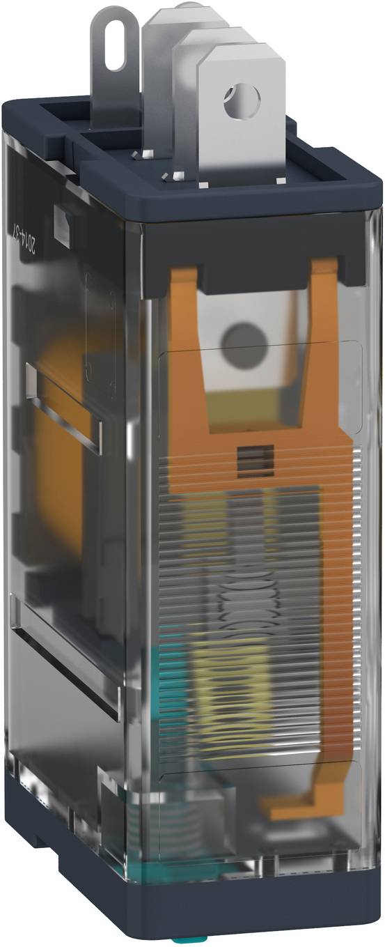 Transparenter industrieller elektrischer Schütz oder Relais mit sichtbaren orangefarbenen inneren Komponenten und Metallanschlüssen oben