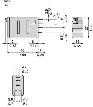 Technische Zeichnung eines kleinen rechteckigen elektronischen Bauteils mit Darstellungen der Vorder-, Seiten- und Draufsicht mit Abmessungen in mm und Zoll.