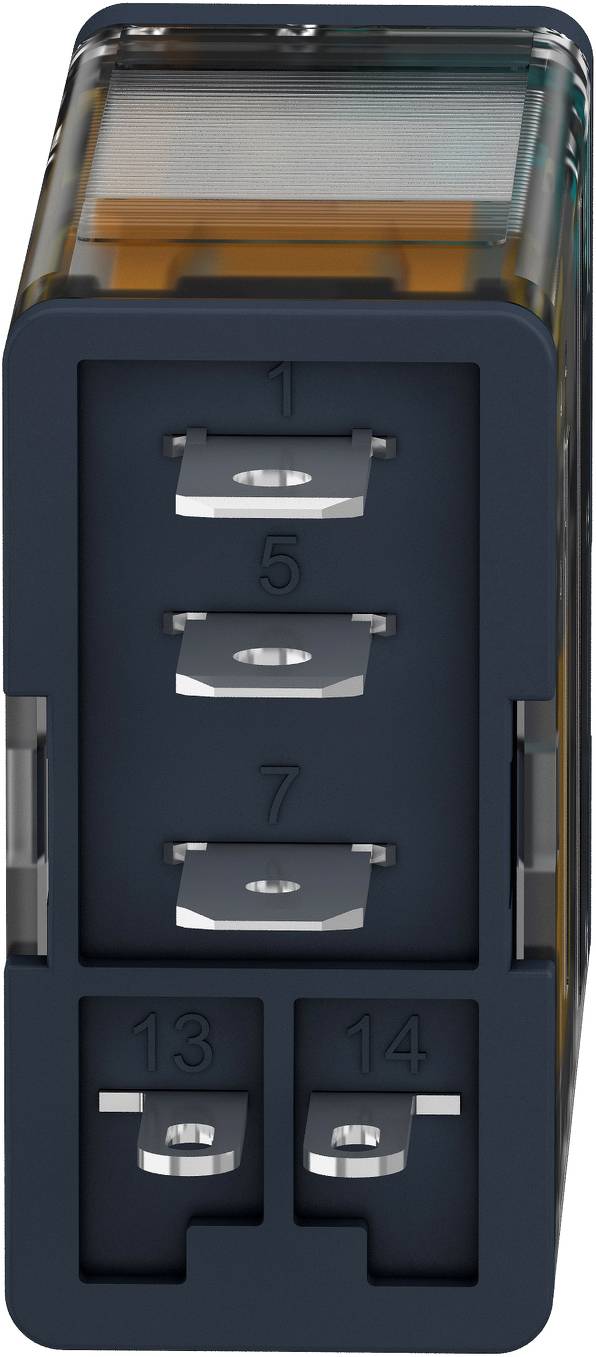 Nahaufnahme eines dunkelblau gefärbten Elektrosteckers mit den Nummern der Anschlüsse 1, 5, 7, 13 und 14, die auf der Vorderseite sichtbar sind.