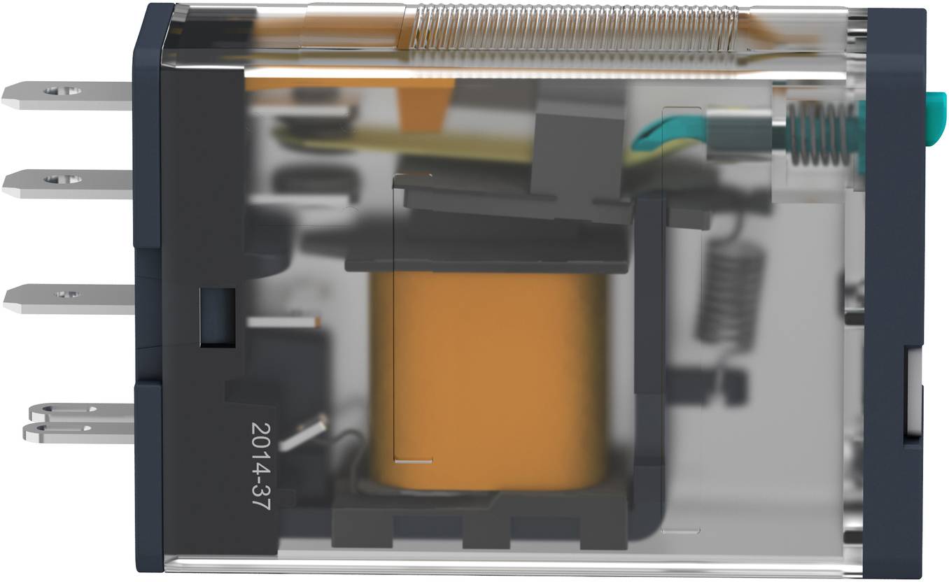 Schnittansicht eines elektromechanischen Relais mit Spule, Feder, beweglichen Kontakten und seitlichen Anschlüssen in einem durchsichtigen Kunststoffgehäuse.