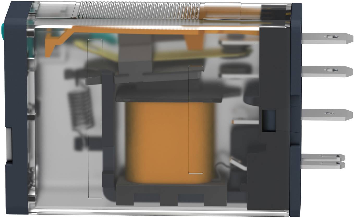 Querschnitt eines elektromagnetischen Relais, das die Spule, die federbelastete Ankerpluppe und drei elektrische Anschlüsse in einem transparenten Gehäuse zeigt.