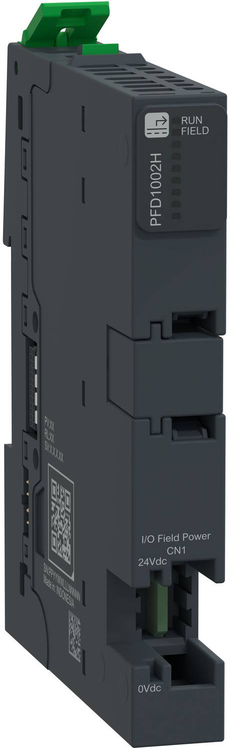 Schwarzes industrielles DIN-Schienen-E/A-Feldstrommodul mit der Bezeichnung PFD1002H mit grünem Oberanschluss und Anschlussanschlüssen, dargestellt auf weißem Hintergrund.
