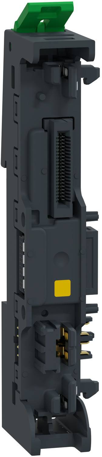 Schwarzes elektronisches Modul mit einem grünen oberen Hebel und gelber Markierung, zeigt seitliche Steckverbinder und Befestigungsklammern, isoliert auf Weiß.