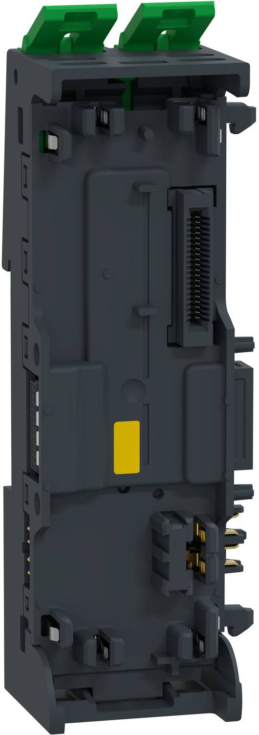 Ein schwarzes rechteckiges Elektromodul mit grünen oberen Registern, Seitenverbindern und einem gelben Etikett, isoliert auf weißem Hintergrund dargestellt.