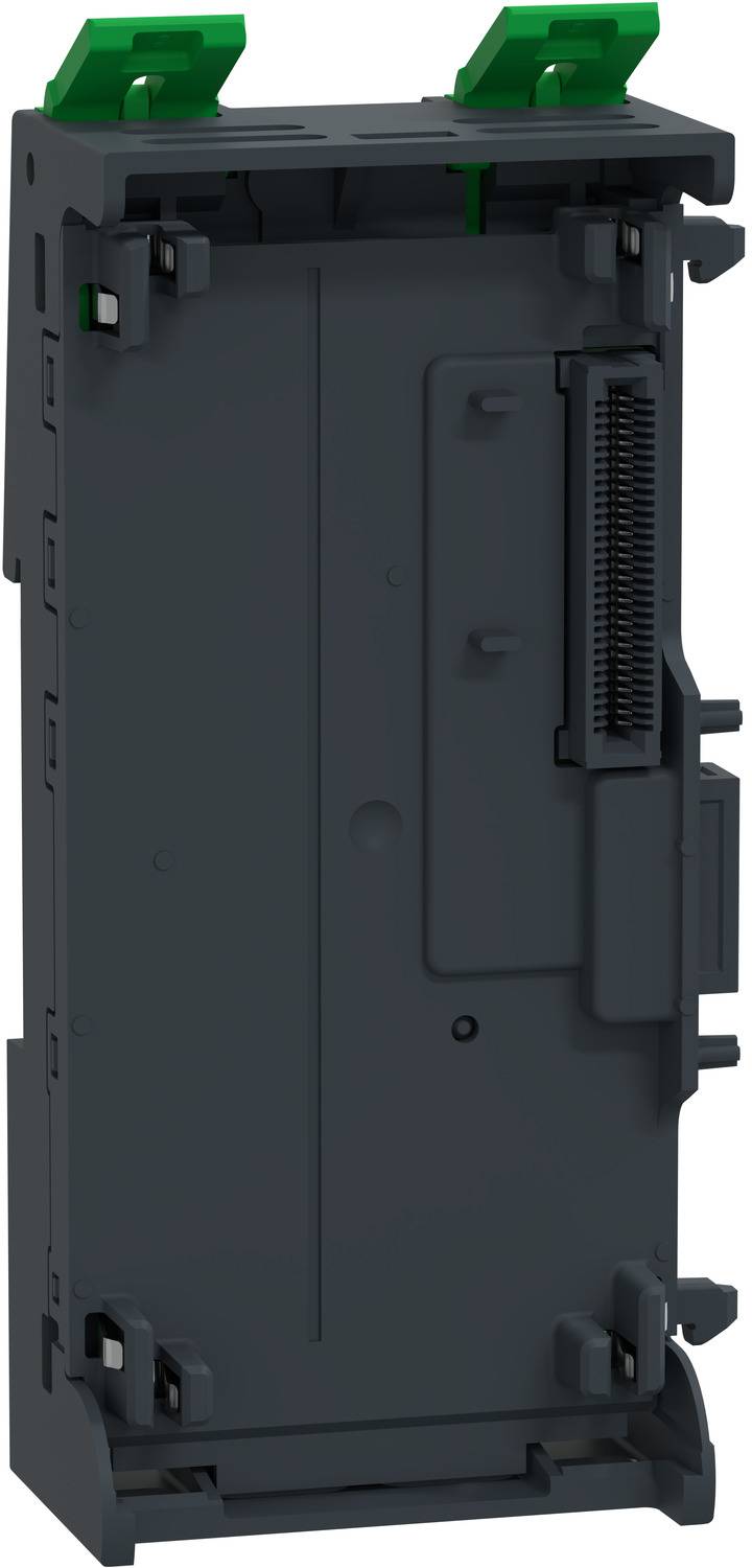 Schwarzes Elektronikmodulgehäuse mit zwei grünen Verschlüssen oben und einem seitlichen Anschlussport, isoliert auf weißem Hintergrund dargestellt