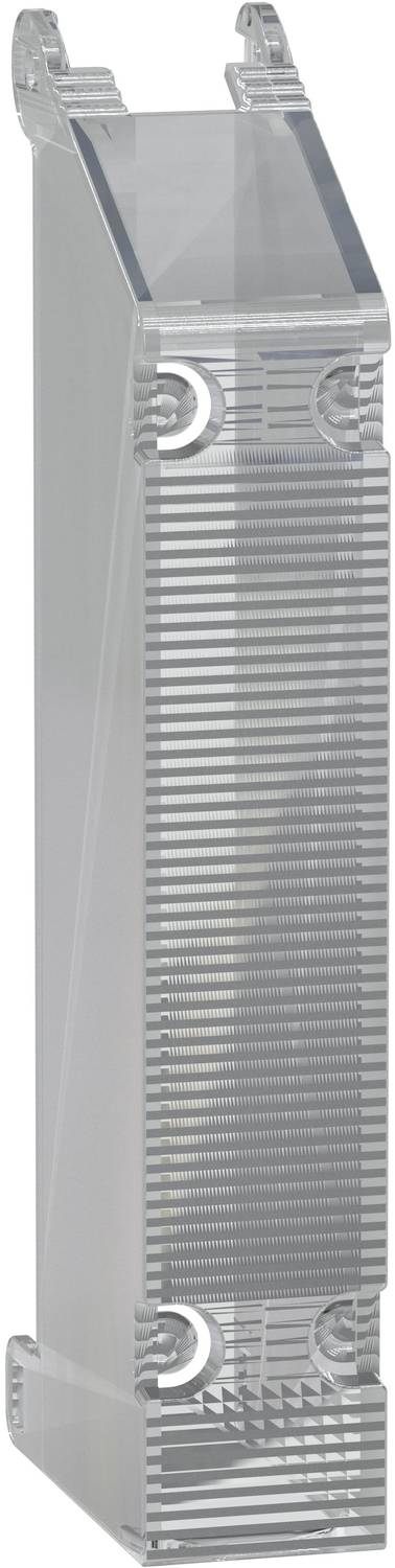 Transparentes kunststoffes elektronisches Modul mit gerippter Vorderseite und Befestigungsclips, dargestellt als einzelnes Produkt auf weißem Hintergrund.