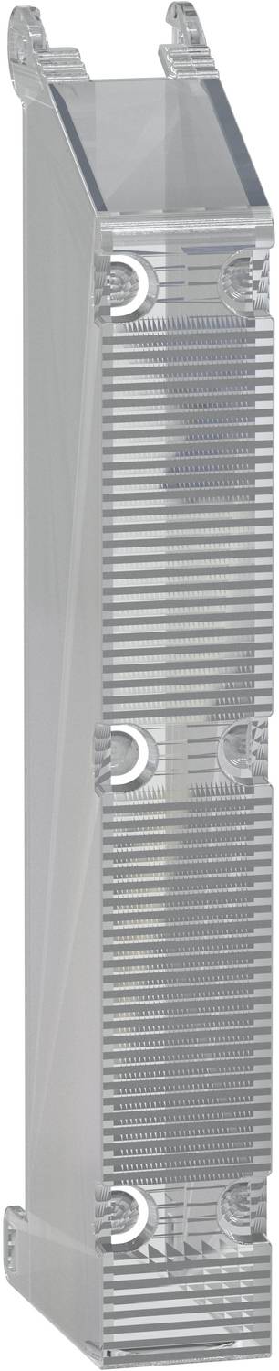 Transparentes Kunststoff-Elektronikgehäuse für Stecker mit Metallkontakten und geripptem Seitenpanel, aufrecht auf weißem Hintergrund dargestellt