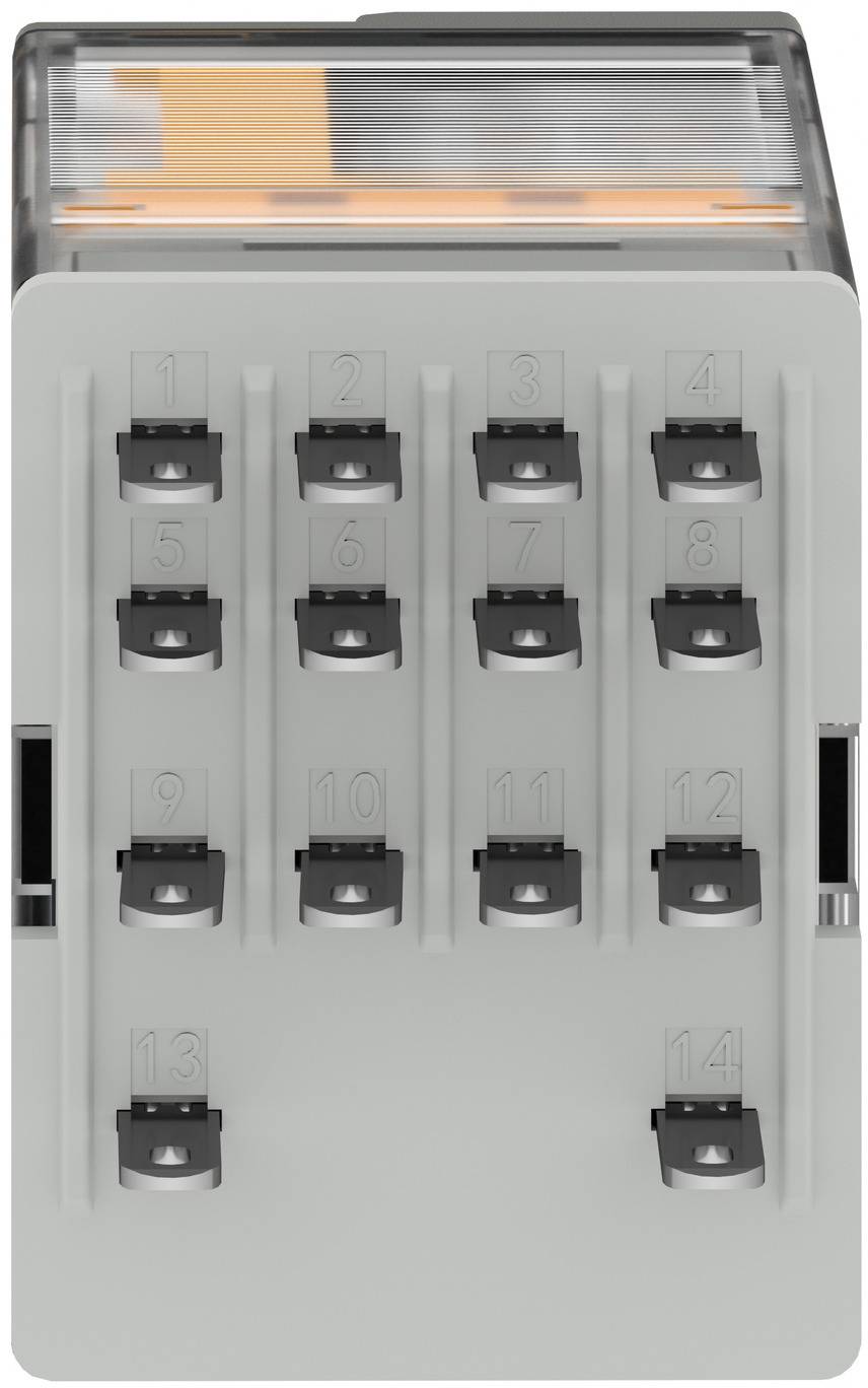 Grauer elektrischer Sicherungsblock mit 14 nummerierten Sicherungsplätzen in einem 4-spaltigen Layout und orangefarbenem durchscheinendem Deckel oben.