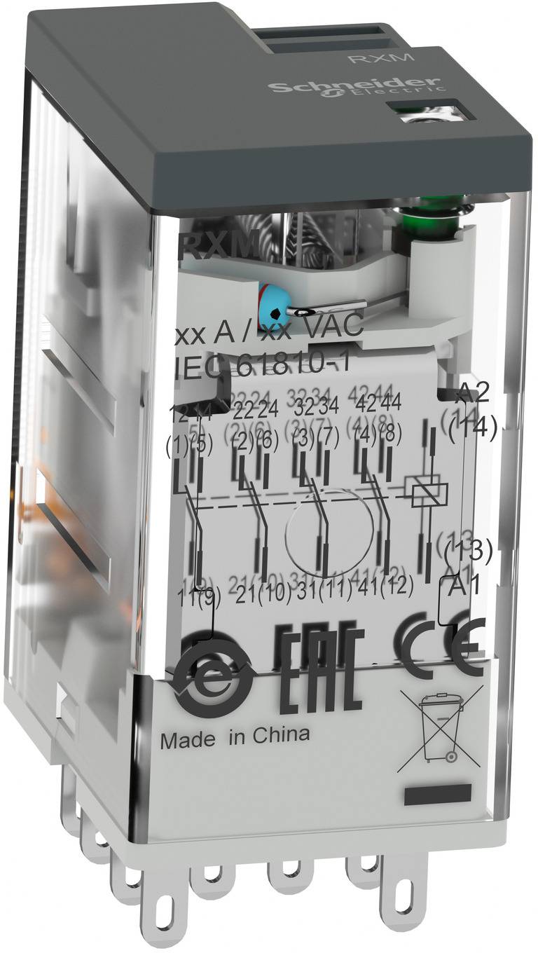 Schneider Electric Steck-Relais mit transparentem Gehäuse, das innere Kontakte und Verdrahtungsschema zeigt, beschriftet mit '24V AC/DC' und 'Made in China'.