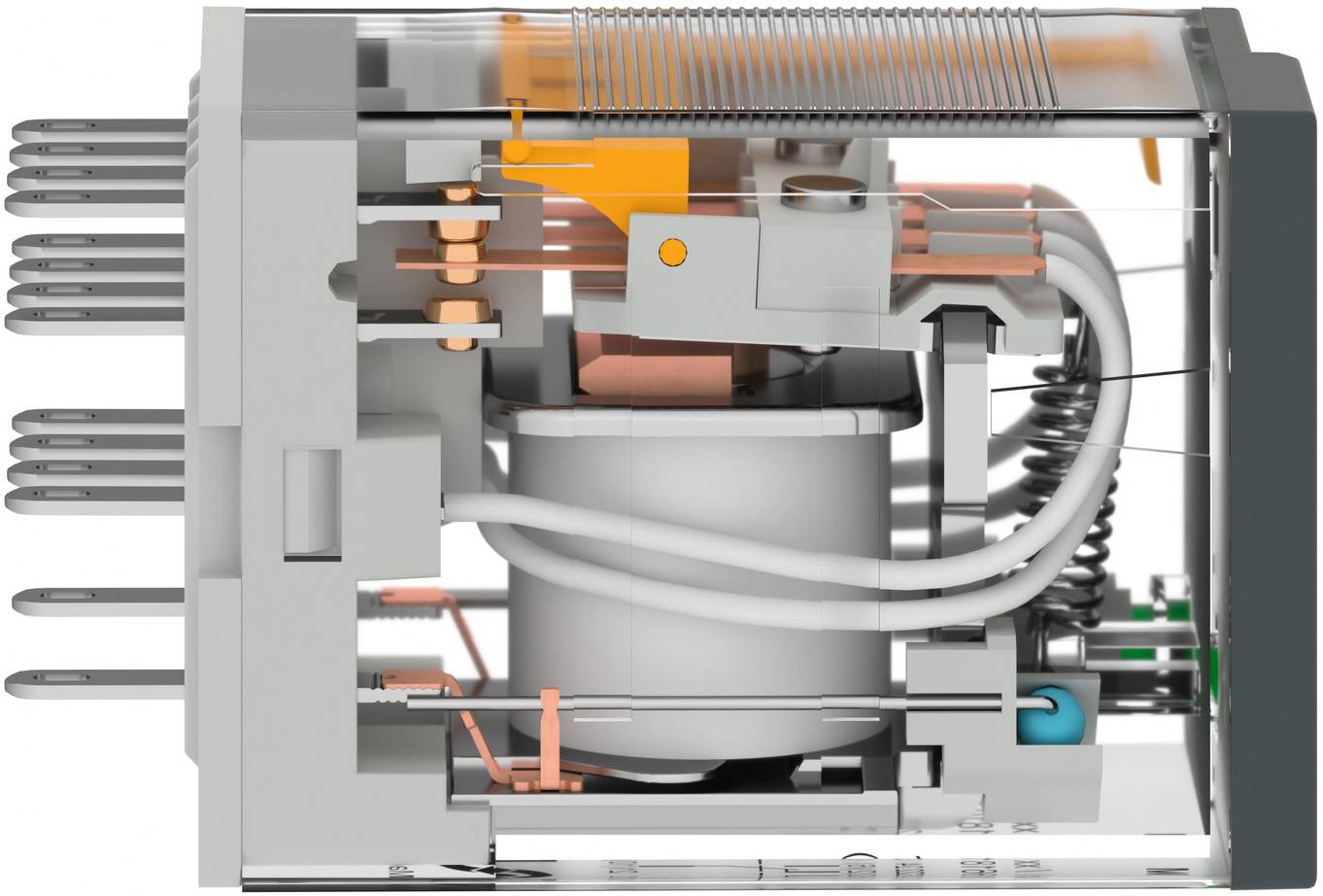 Schnittdiagramm eines Kühlschrankverdichters mit internem Motor, Spulen, Rohrleitungen und Federanordnung innerhalb der Einheit.