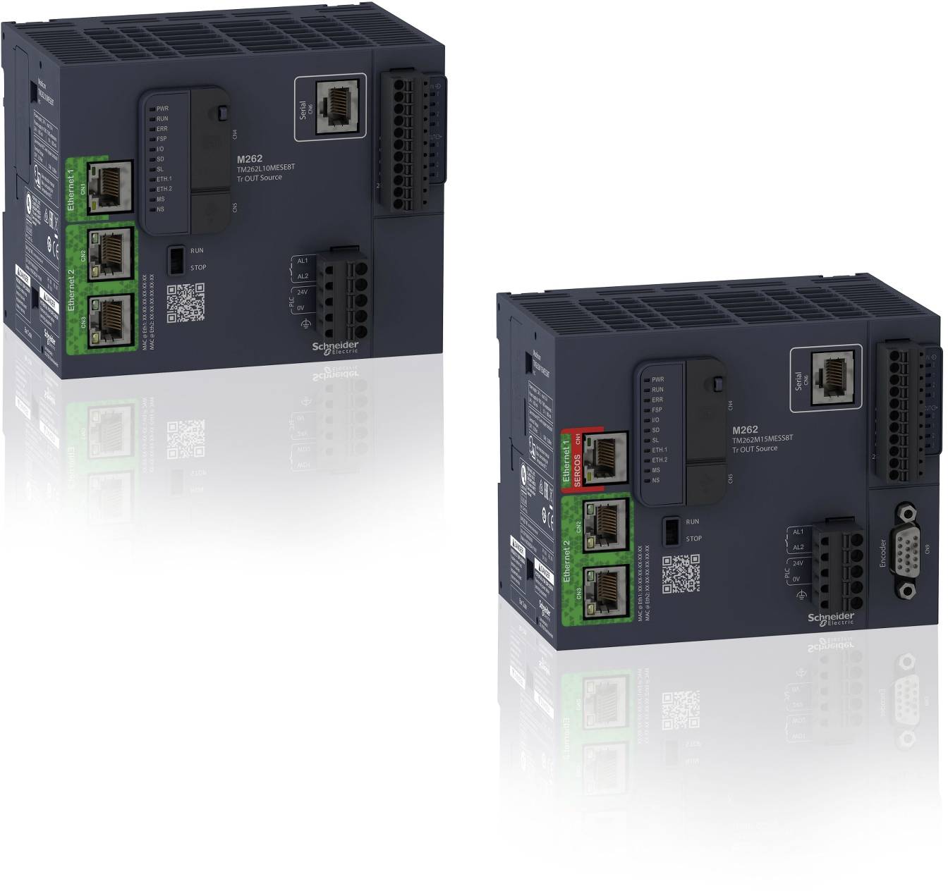 Zwei Schneider Electric-Industrienetzwerkmodule in 3D-Darstellung, jeweils mit Ethernet-Anschlüssen und Statusanzeigen auf weißem Hintergrund.