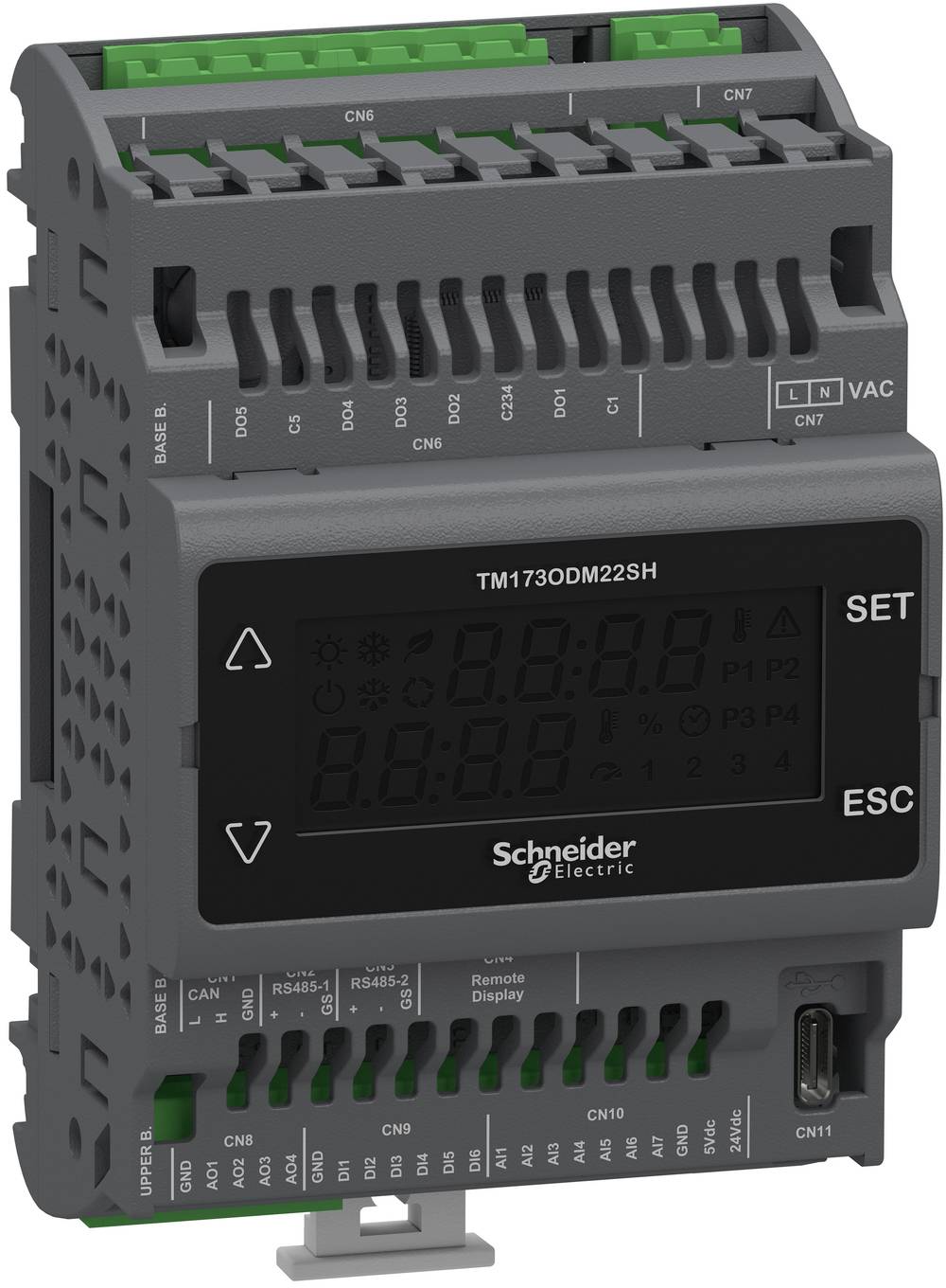 Schneider Electric TM1730DM22SH Digitalregler-Modul mit Display, SET- und ESC-Tasten, Anschlusskonnektor und grüner Klemmleiste.