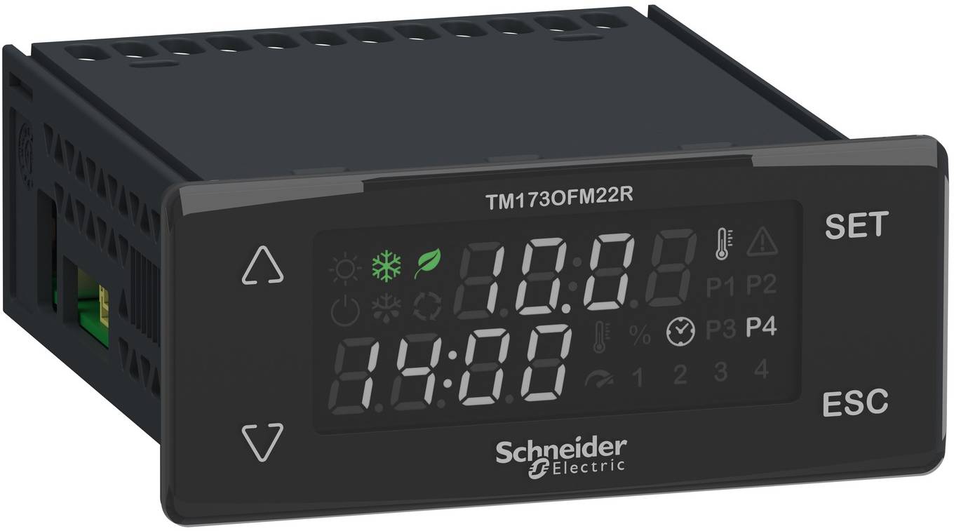 Schneider Electric Digital-Reglerdisplay mit Temperaturanzeige 10,0 und Uhrzeit 14:00, mit SET- und ESC-Tasten auf der rechten Seite.