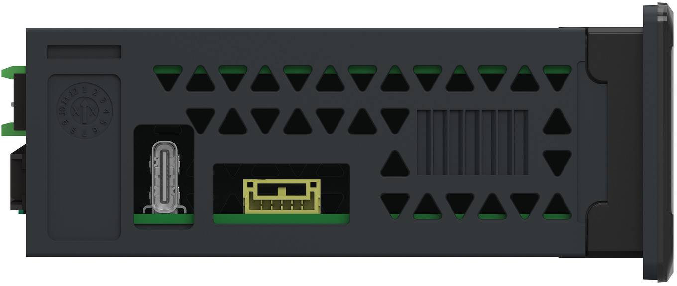 Schwarzes elektronisches Gerätepanel mit dreieckigen Lüftungsöffnungen, einer Anschlussöffnung und einem gelben Steckerreiter.