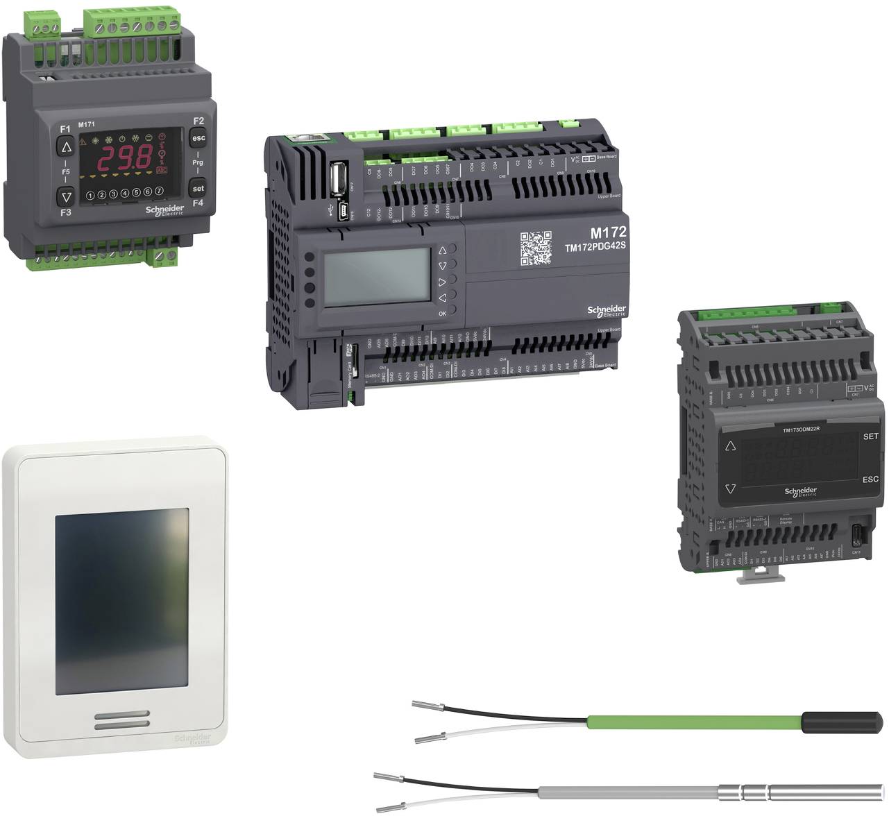 Collage von Schneider Electric Industriesteuerungsgeräten: drei programmierbare Steuerungen/Anzeigeeinheiten und zwei Temperaturfühler auf weißem Hintergrund.
