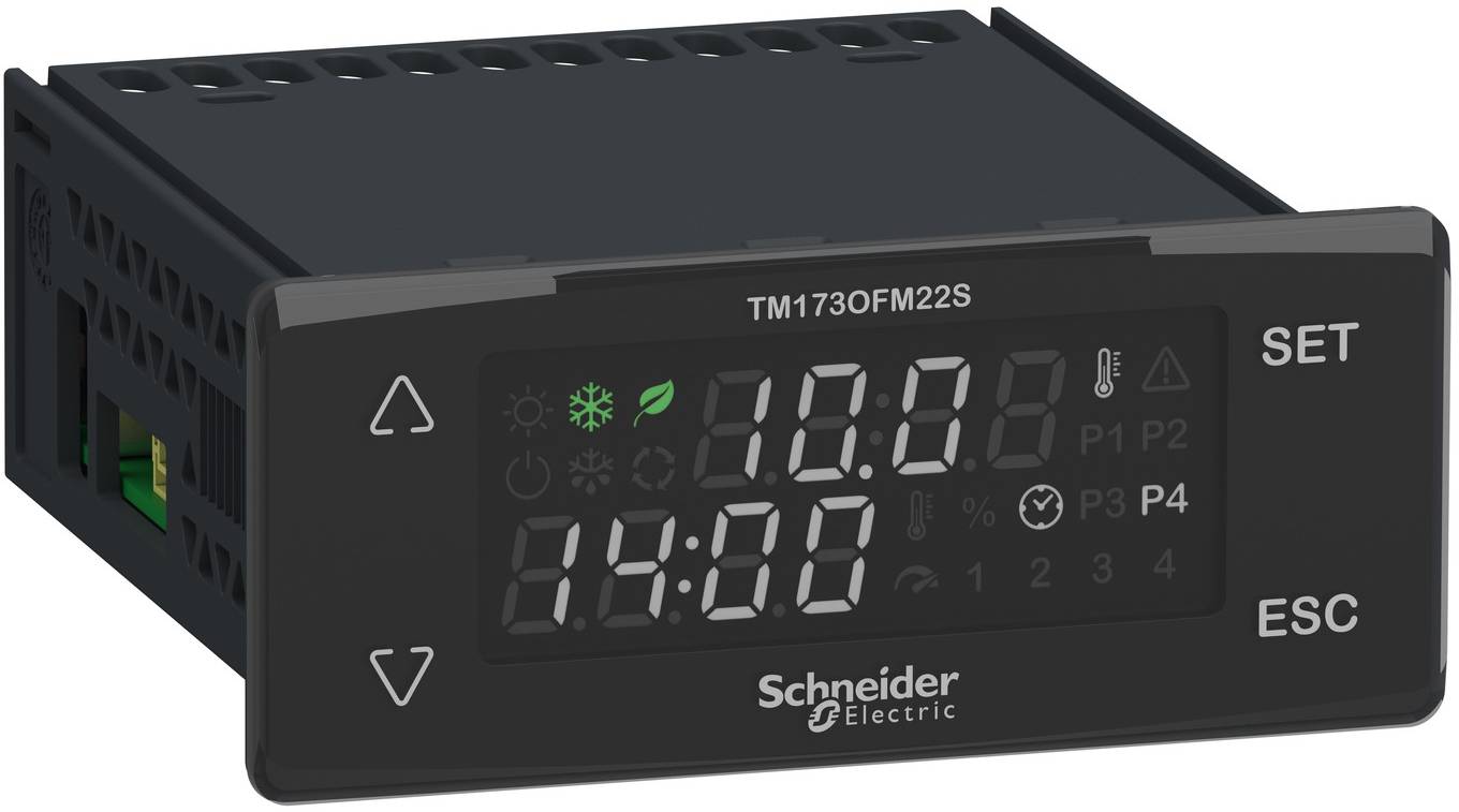 Schneider Electric digitaler Temperaturregler mit dualen LED-Anzeigen, die 10.0 und 14:00 anzeigen, sowie SET- und ESC-Tasten auf der rechten Seite.