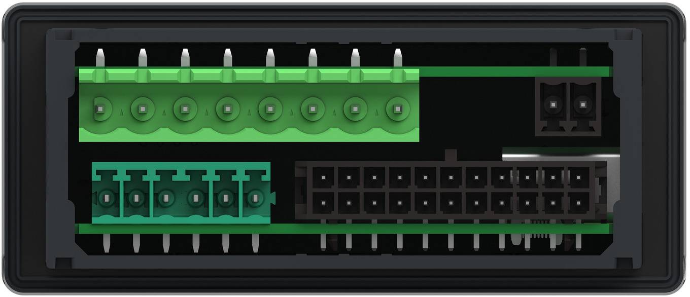 Nahaufnahme eines schwarzen Computer-Stromsteckers mit grünen und schwarzen Stiftkontakten im Inneren des Steckers.