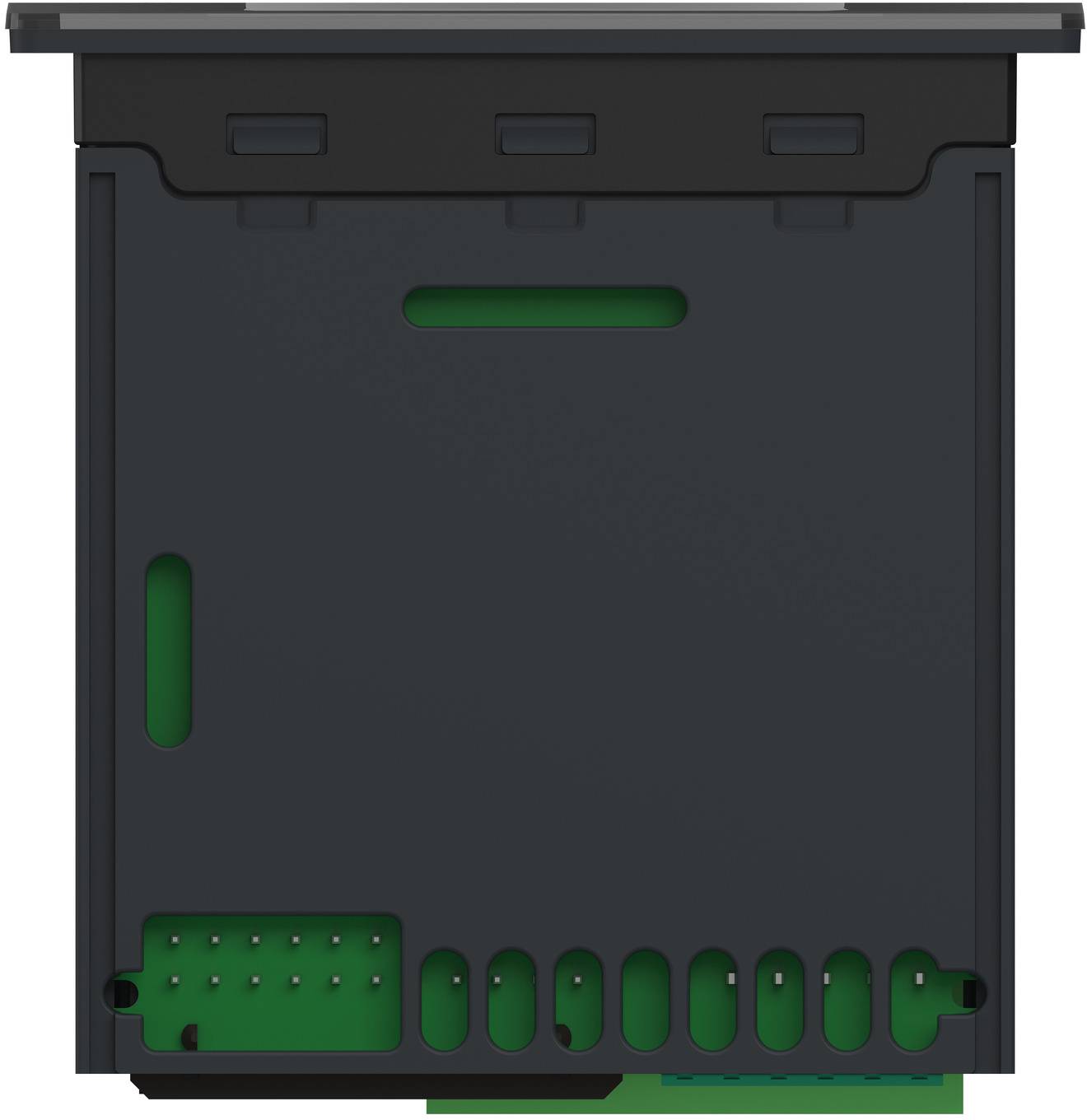 Schwarzes elektronisches Gehäuse mit Lüftungsschlitzen und grüner Leiterplatte, die unten sichtbar ist
