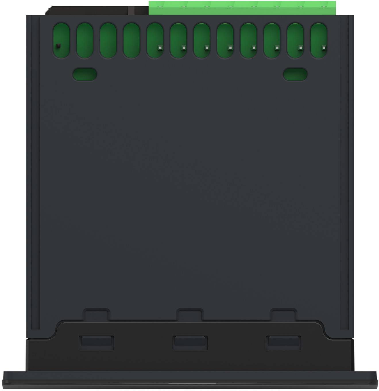 Rückansicht eines schwarzen elektronischen Moduls oder Gehäuses mit Lüftungsschlitzen oben und einer grünen Leiterplatte, die hervorschaut.