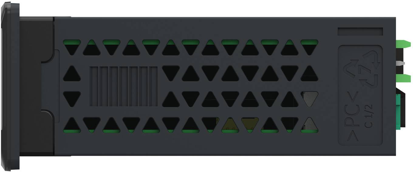 Schwarzes rechteckiges elektronisches Modul mit belüfteten dreieckigen Aussparungen und grünen Anschlussleisten auf der rechten Seite, gekennzeichnet mit „PCV 1/2