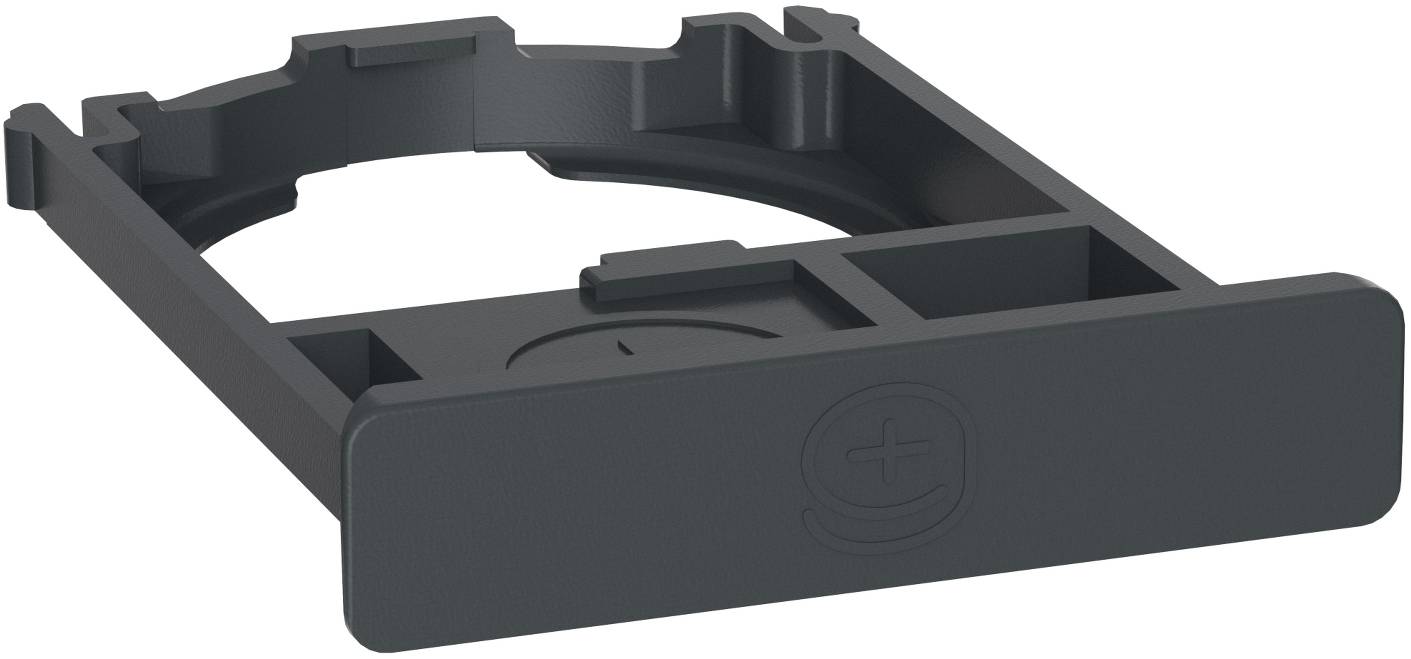 Schwarze rechteckige Batterieablage oder Halterung mit Frontplatte und eingelassenem '+'-Symbol, perspektivisch auf weißem Hintergrund dargestellt.