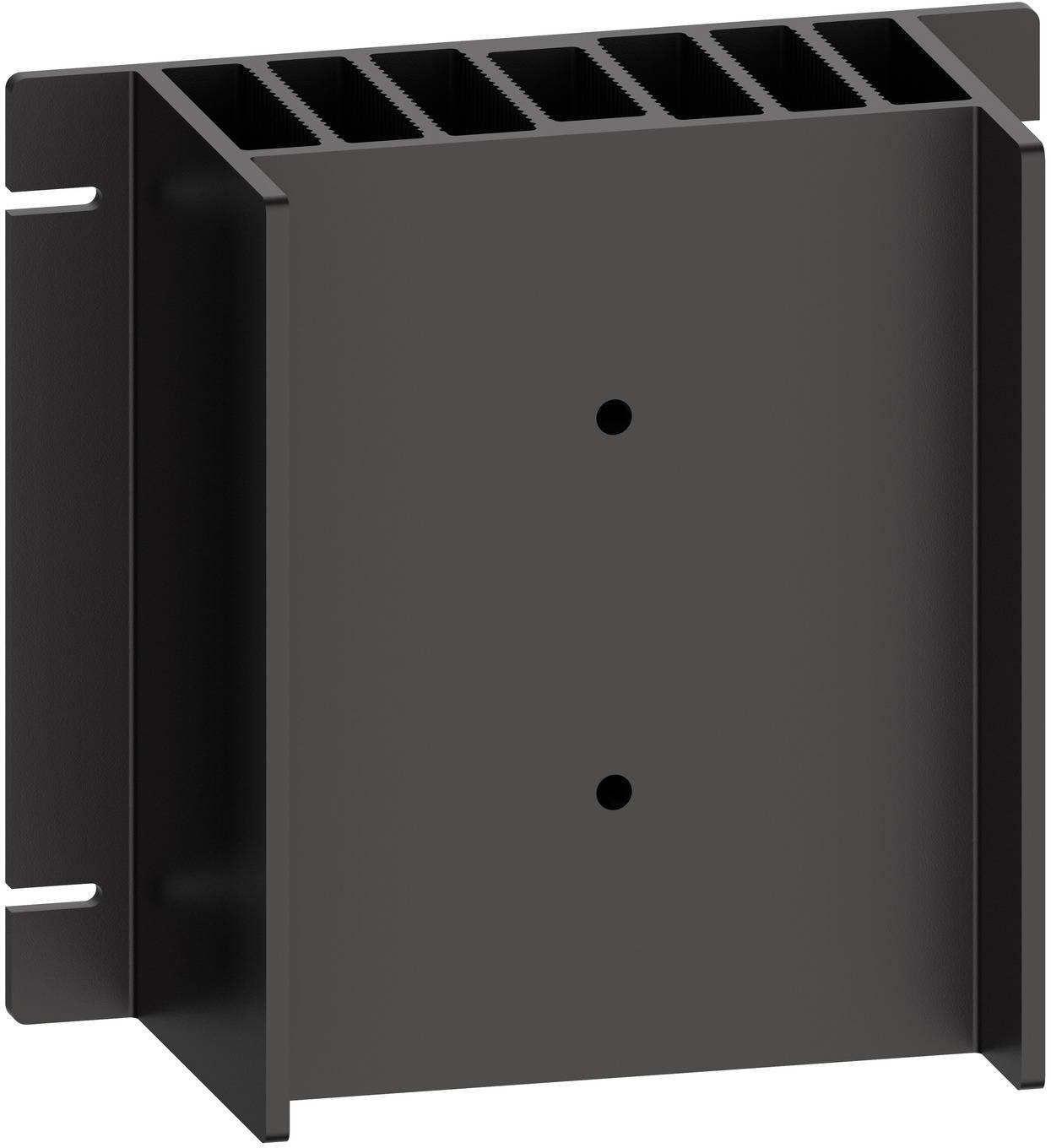 Schwarze an der Wand montierte Metallhalterung oder Gehäuse mit geschlitzter Oberseite und zwei vorderen Montagelöchern, auf weißem Hintergrund dargestellt.