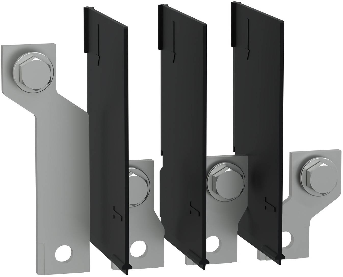 Drei schwarze vertikale Schienen, die auf silbernen Metallhaltern mit Bolzen montiert sind, dargestellt als eine Hardwareeinheit auf weißem Hintergrund.