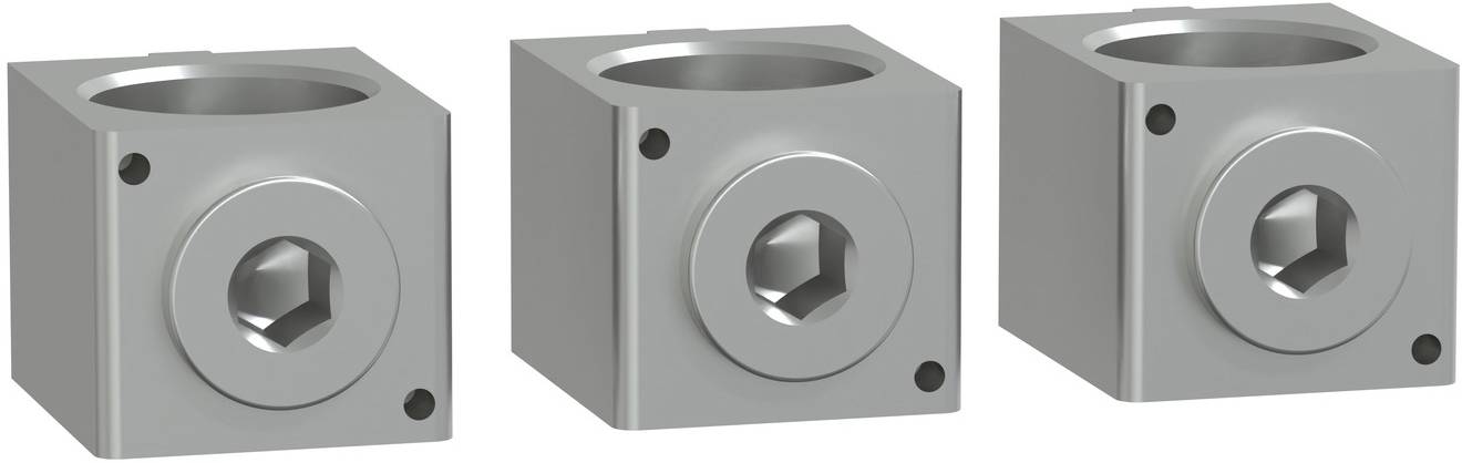 Drei graue Metallwürfel-förmige mechanische Komponenten nebeneinander angeordnet, jede mit einer kreisförmigen vorderen Öffnung und einem zentralen Sechskantschraubenloch.