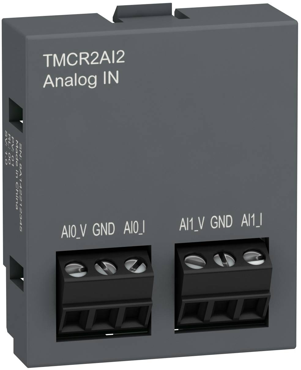 TMCR2AI2 Analogeingabemodul mit zwei 3-Klemmen-Schraubklemmen mit den Bezeichnungen AIO_V, GND, AIO_I und AI1_V, GND, AI1_I.