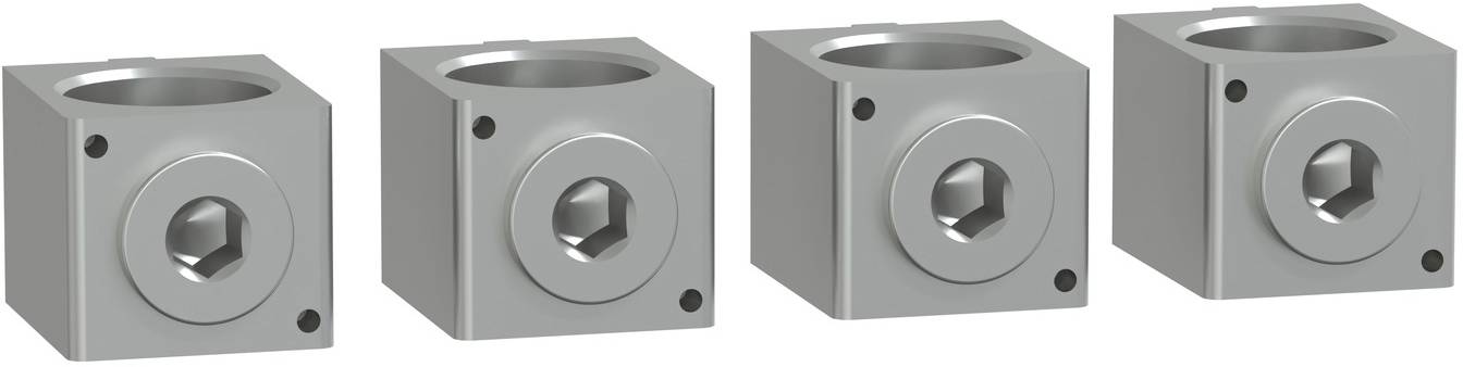 Vier graue Metallwürfel-förmige mechanische Teile mit kreisförmigen vertieften Mittelpunkten und Sechskantöffnungen, in einer Reihe auf weißem Hintergrund dargestellt.
