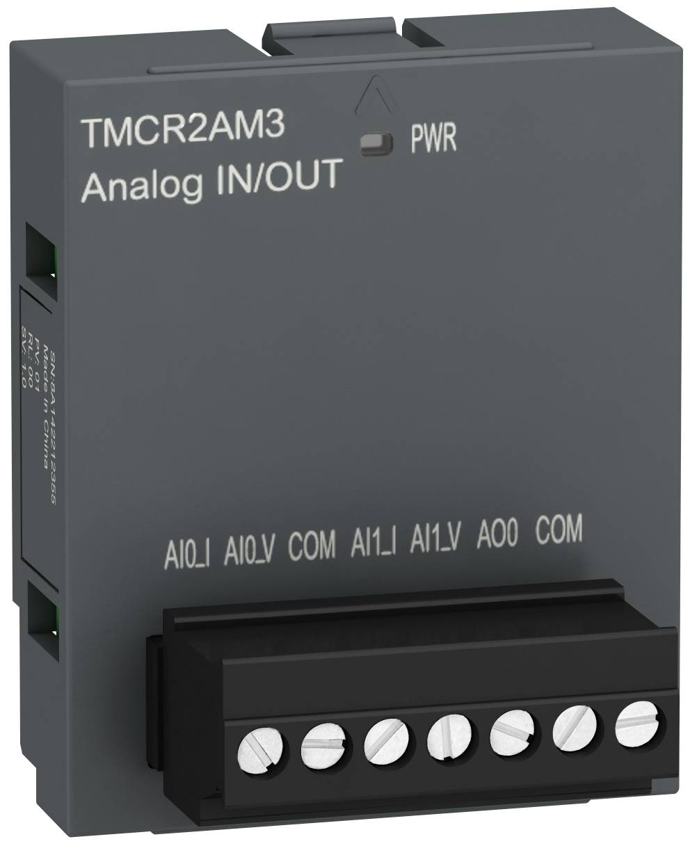 TMCR2AM3 Analog-Ein-/Ausgabemodul mit PWR-Anzeige und gekennzeichneten Anschlüssen für AIO.I, AIO.V, COM, AI1.I, AI1.V, AO0 und COM.