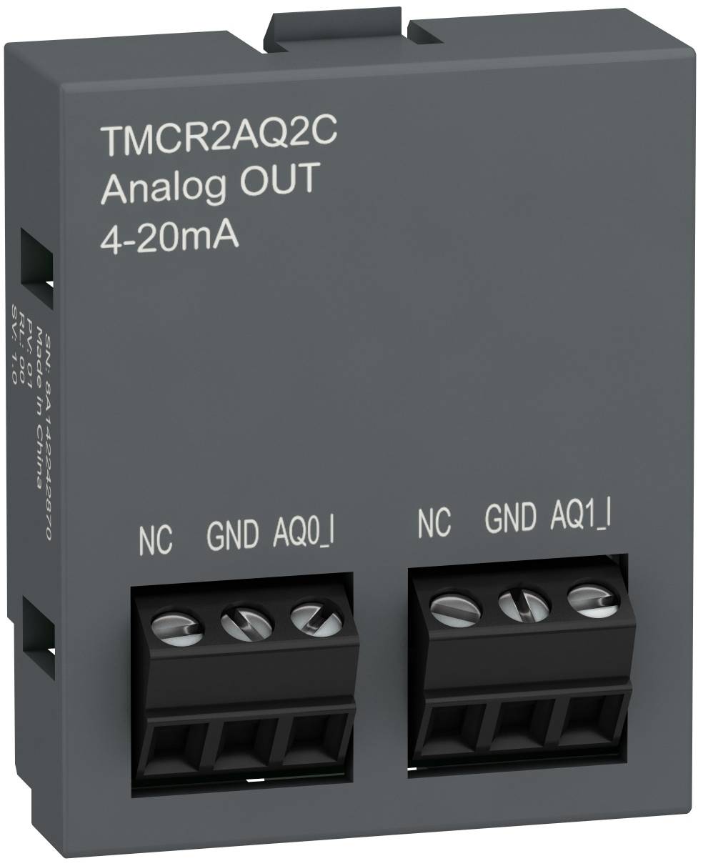 Graues Industriemodul mit der Bezeichnung 'TMCR2AQ2C Analog OUT 4-20mA' mit zwei dreipoligen Schraubklemmenblöcken mit den Bezeichnungen NC, GND und AQ0/I, AQ1/I.