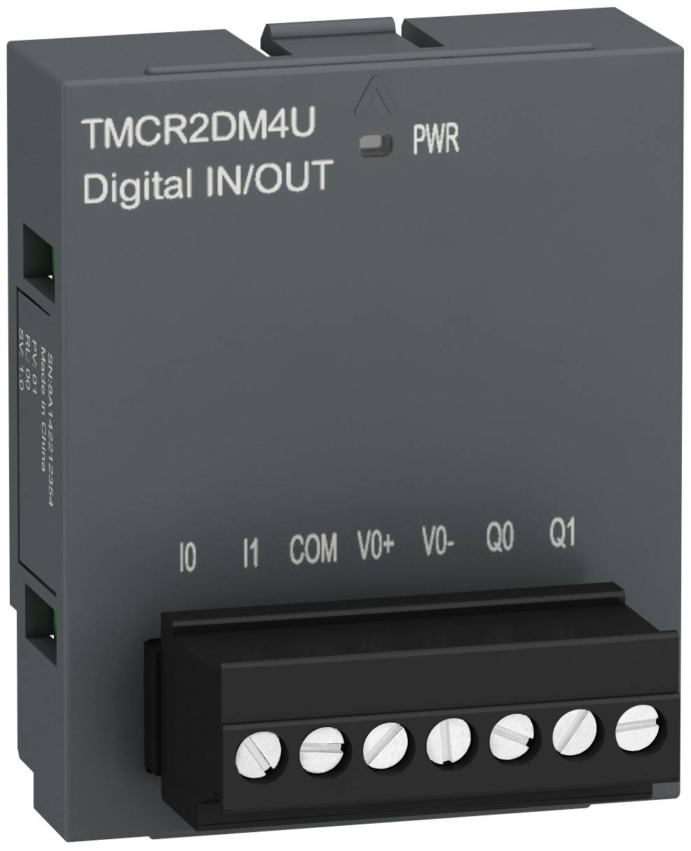 Industrielles TMCR2DM4U Digital-Ein-/Ausgangsmodul mit PWR-Anzeige und sieben Schraubklemmen mit den Bezeichnungen IO, I1, COM, VO+, VO-, Q0, Q1.