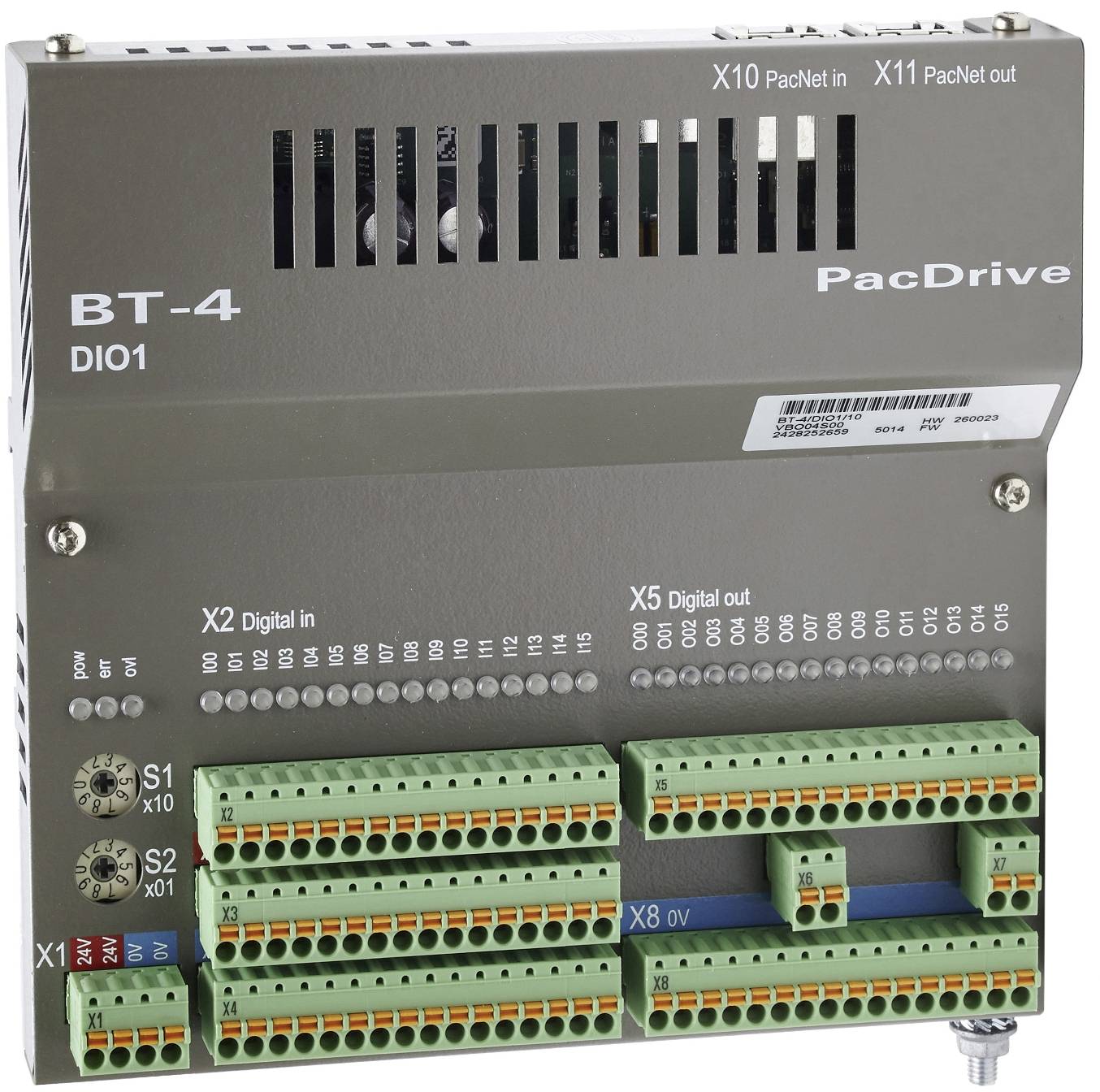 Industrielles BT-4 DIO1 PacDrive-Modul mit beschrifteten digitalen Ein- und Ausgangsklemmenblöcken sowie Statusanzeigen auf der Frontseite.