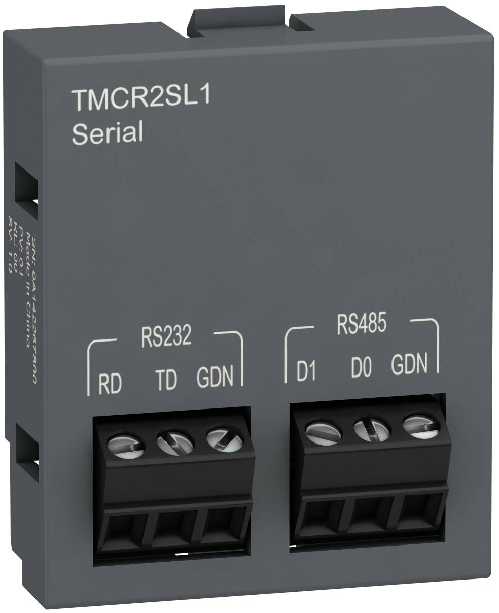 Graues TMCR2SL1-Serienkommunikationsmodul mit RS232- und RS485-Anschlussblöcken mit den Beschriftungen RD, TD, GDN, D1, D0, GDN.