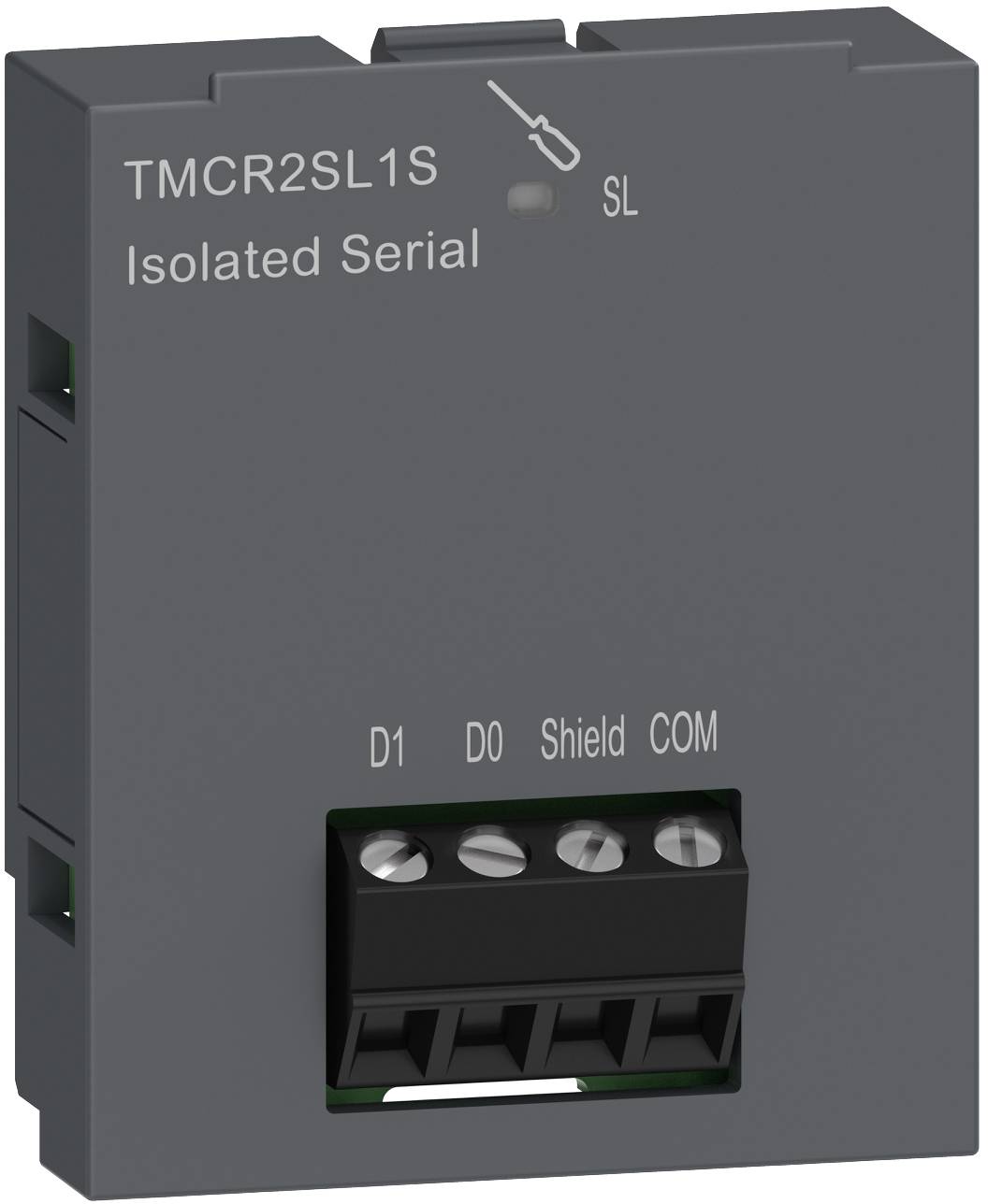 Graues TMCR2SL1S isoliertes Serienmodul mit D1, D0, Schirm und COM-Klemmenleiste.