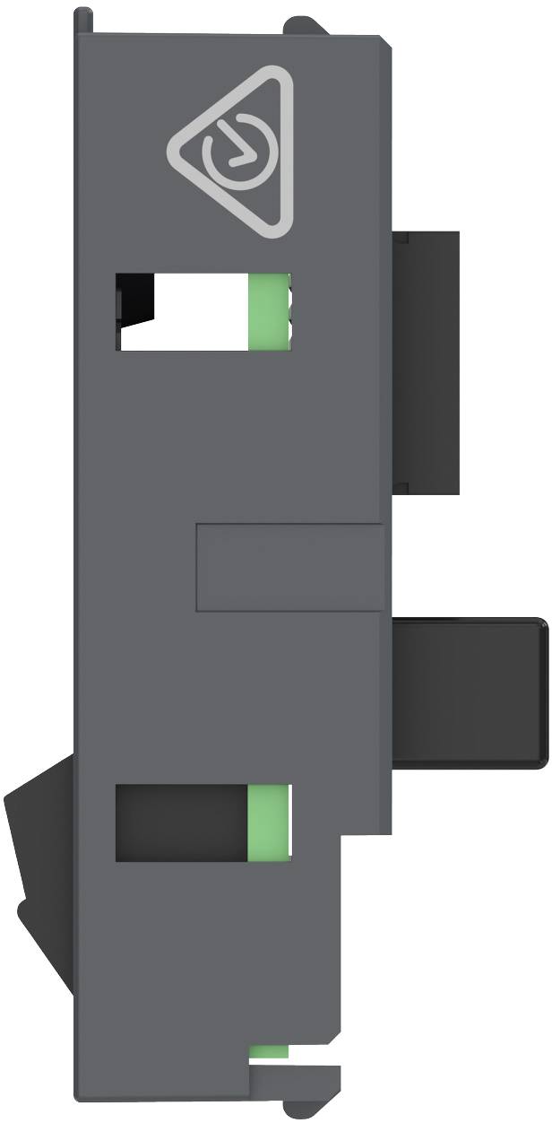 Graues Elektroschalter- oder Schutzschaltermodul mit seitlich angebrachten Vorsprüngen und kleinen grünen Anzeigebereichen.