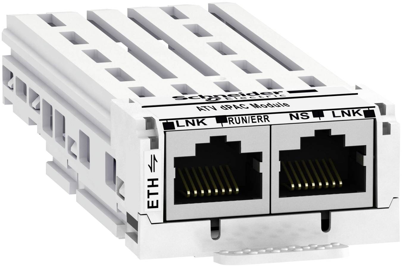 Ein weißes industrielles Ethernet-Modul mit zwei RJ45-Anschlüssen, gekennzeichnet mit 