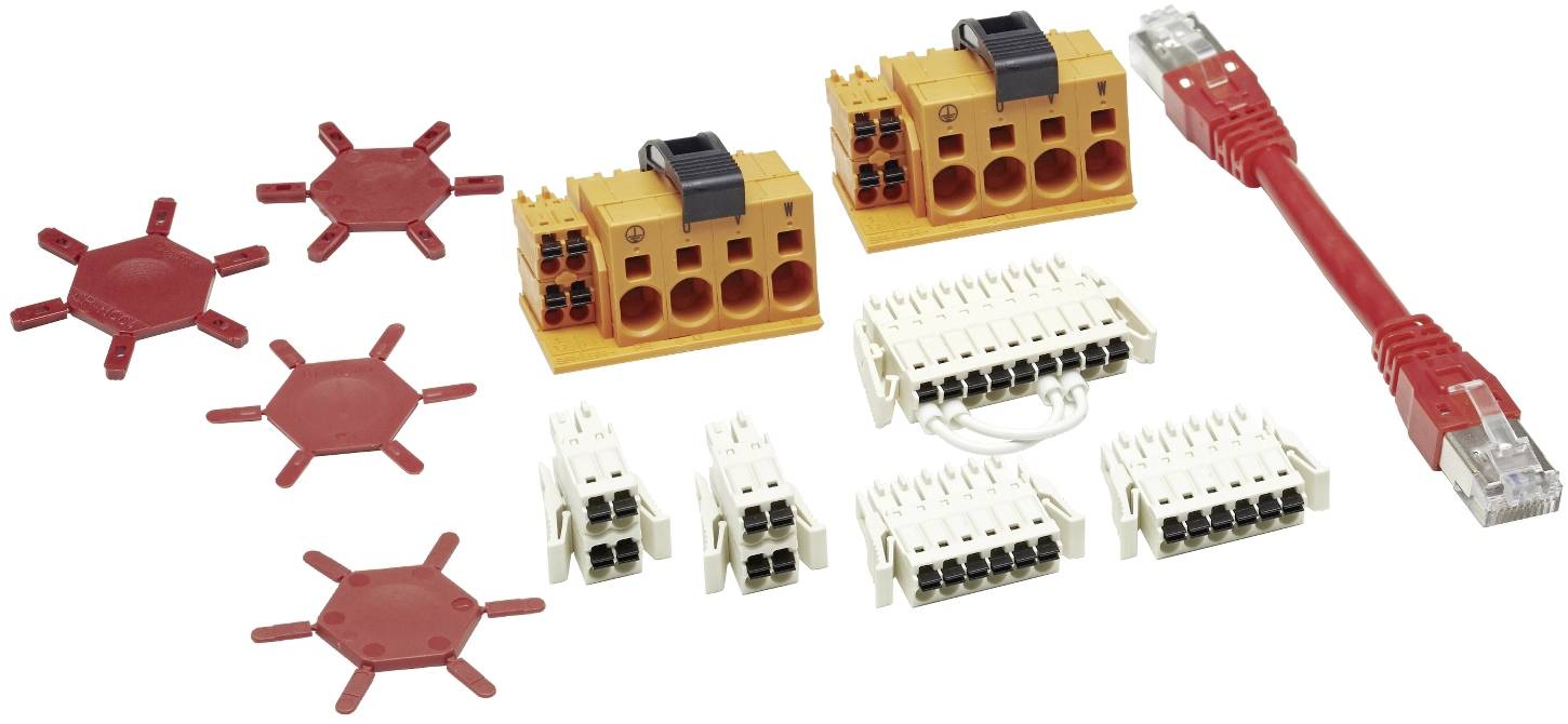 Verschiedene elektrische Steckverbinder und Klemmenleisten in Rot, Orange und Weiß sowie ein rotes Ethernet-Kabel, gezeigt auf weißem Hintergrund.